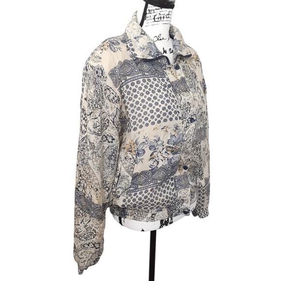 Vintage 80s 100% Silk Bomber Jacket Shoulder Pads Blue Windbreaker Women L Retro - Picture 3 of 12